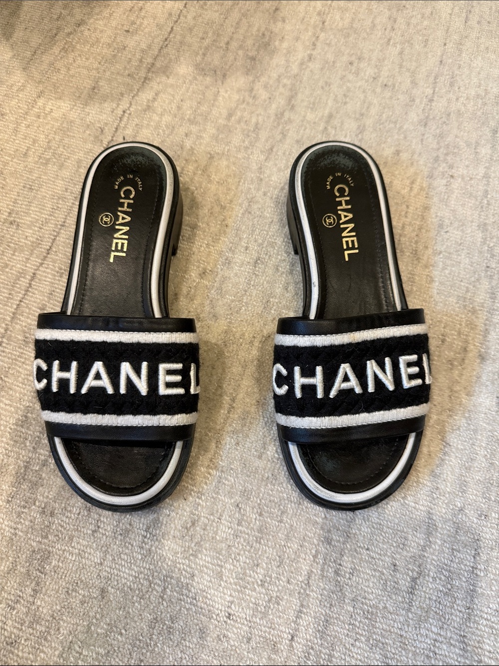 CHANEL Black and White Embroidered Logo Slide Sandals